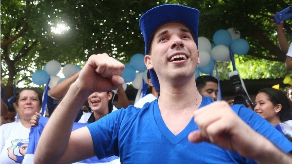 Edwin Carcache celebrates after being released from prison, in Managua on June 11, 2019