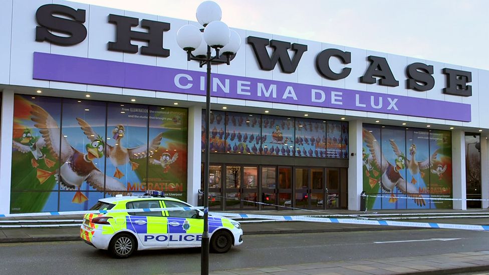 A police car and tape outside Showcase Cinema in Croxteth on 4 January