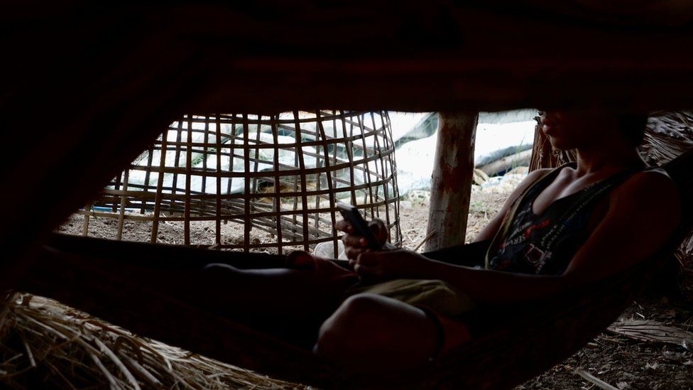 Nine fugitives from conscription are living under this leaf-thatch shelter, together with assorted livestock