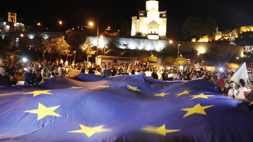 People attend a "March for Europe" in support of the country"s membership in the European Union, in Tbilisi, Georgia, 20 June 2022