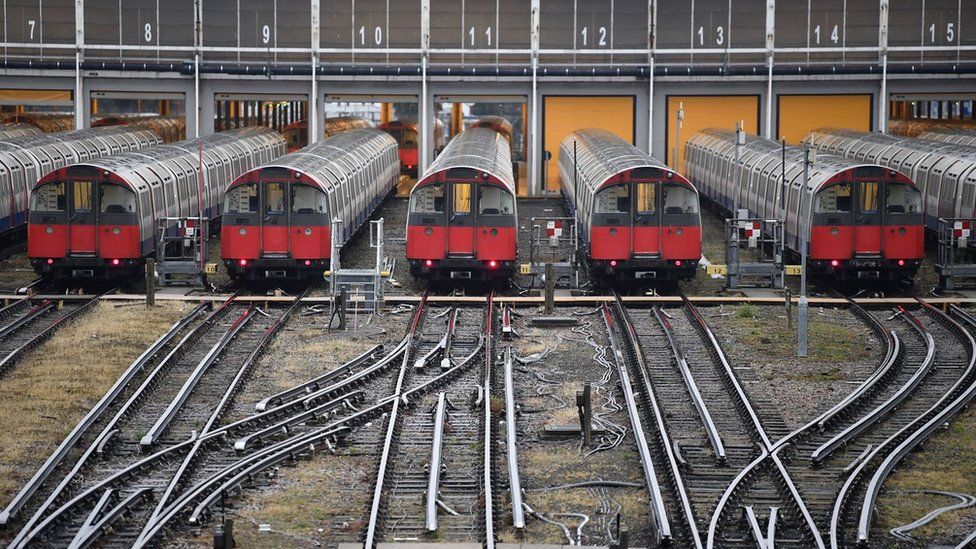 Stationary Tube trains in a depot during a previous Tube strike