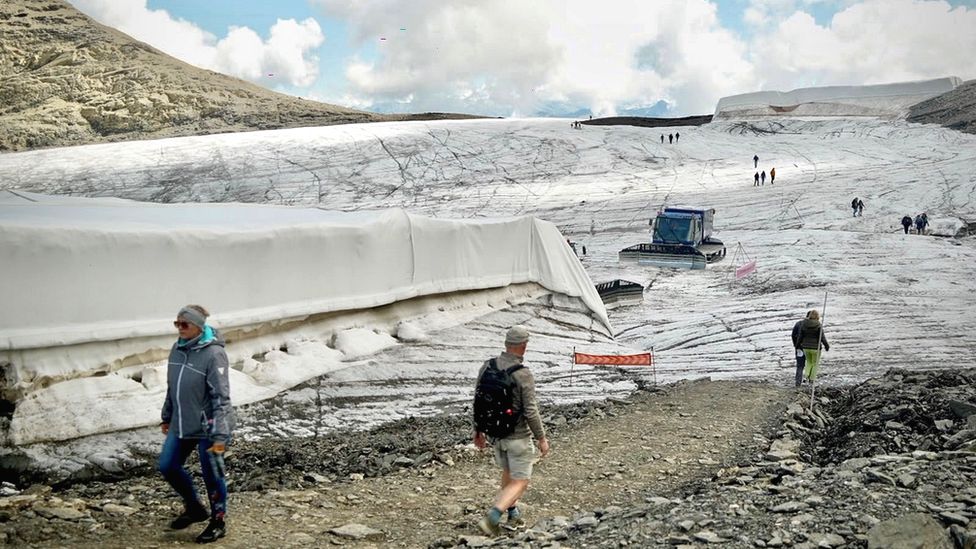 At Glacier 3000, a popular tourist destination, ice has been wrapped in protective coverings