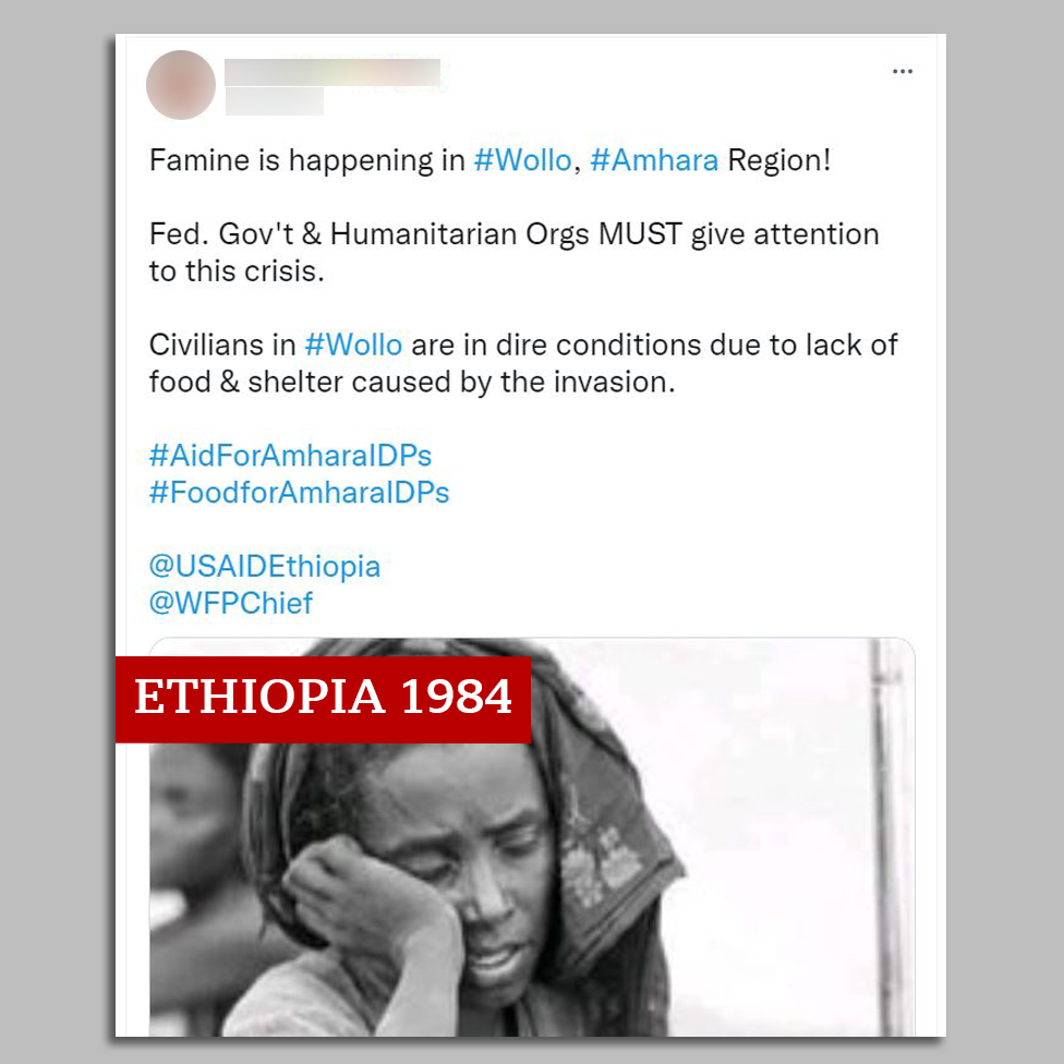 Screengrab of tweet with image from the 1984 famine in Ethiopia