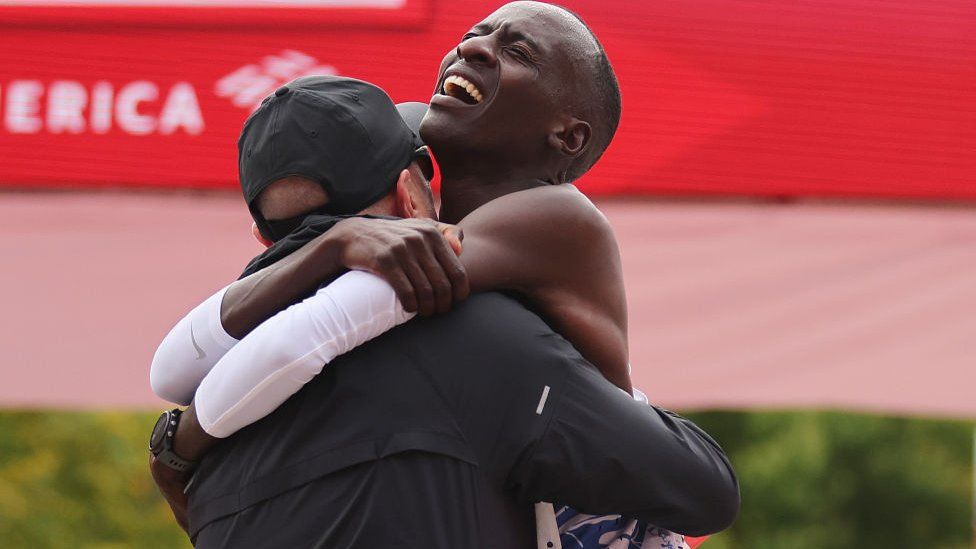 Kelvin Kiptum of Kenya celebrates after winning the 2023 Chicago Marathon professional men's division and setting a world record marathon time of 2:00.35 on October 08, 2023 in Chicago