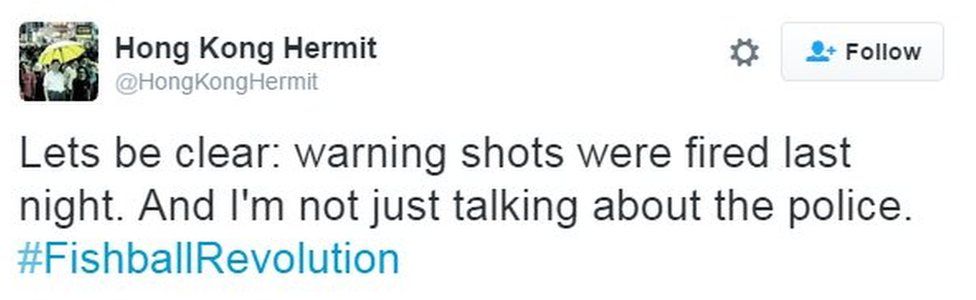 Lets be clear: warning shots were fired last night. And I'm not just talking about the police. #FishballRevolution