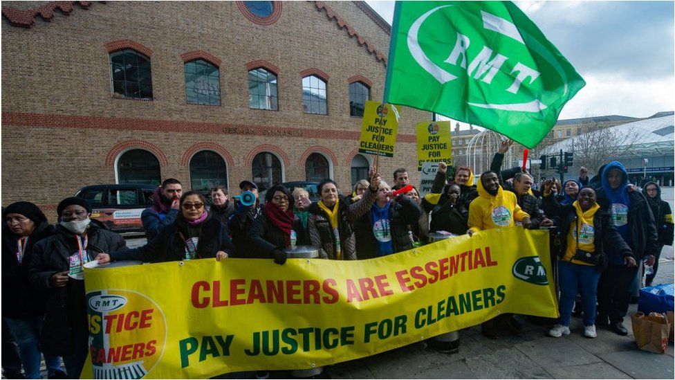 Striking cleaners at St Pancras on 12 March 2022