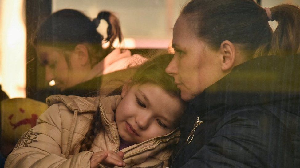 A child pets a cat in a bus for refugees fleeing Russia"s invasion of Ukraine, in Lviv on 13 March