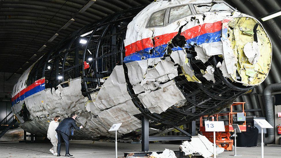 A reconstruction of the wreckage of the Malaysia Airlines plane