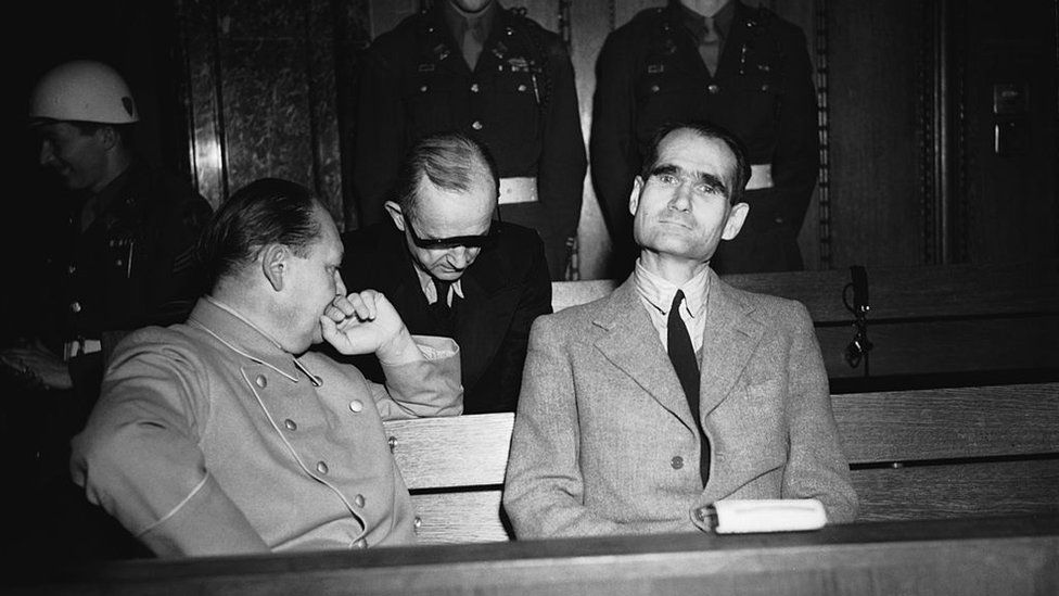 Hess at Nuremberg with Hermann Goering (l)