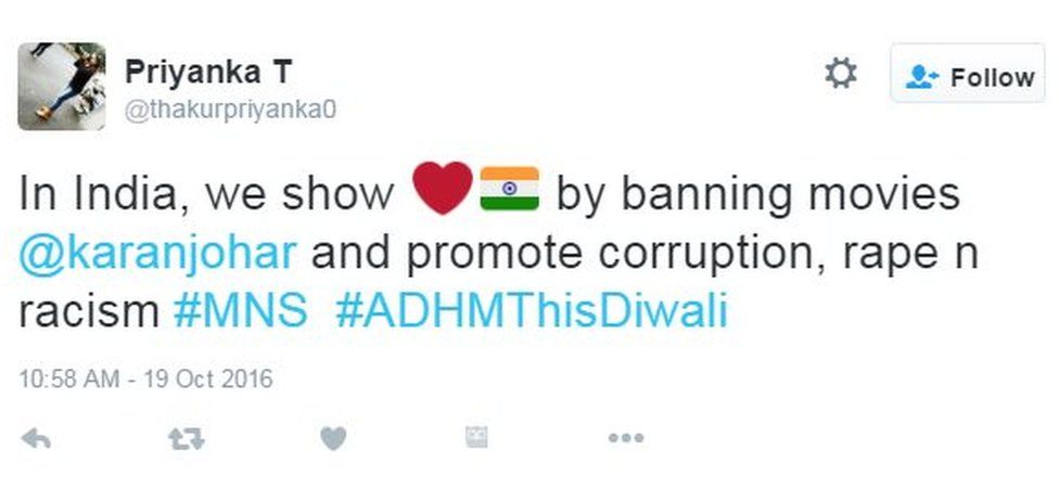 In India, we show ❤🇮🇳 by banning movies @karanjohar and promote corruption, rape n racism #MNS #ADHMThisDiwali