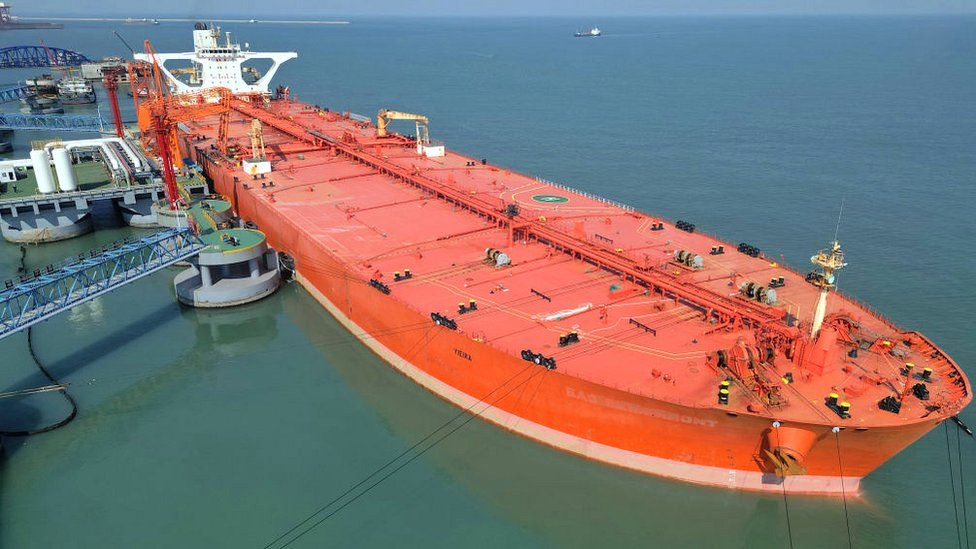 Aerial view of crude oil tanker 'VIEIRA' unloading oil at the 300,000-ton crude oil terminal of Yantai Port on October 19, 2022