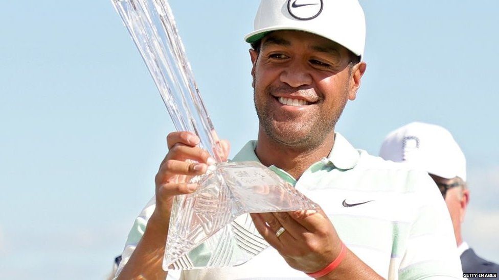 Tony Finau with trophy after winning a third PGA Tour title on Sunday
