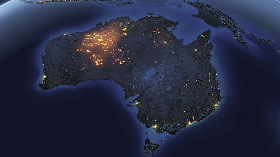 A detailed view of Australia from space with night lights