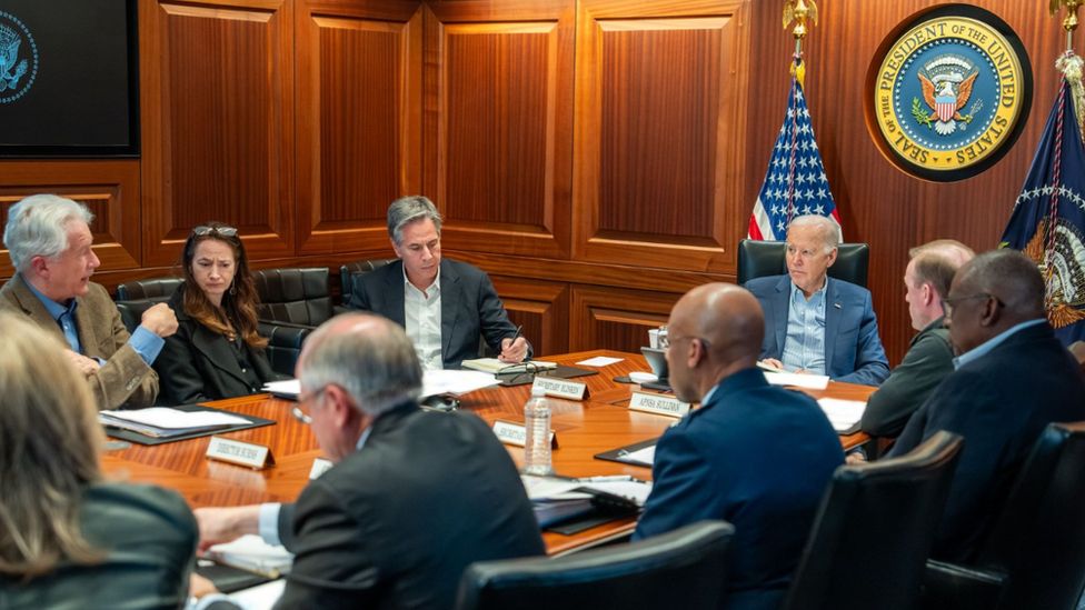 US President Joe Biden met with members of the National Security Council regarding the missile attacks on Israel in the Situation Room of the White House