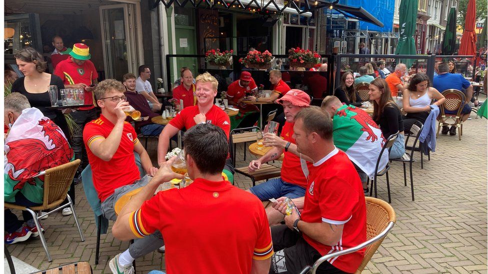 Wales fans gathered in Nieuwmarkt, Amsterdam
