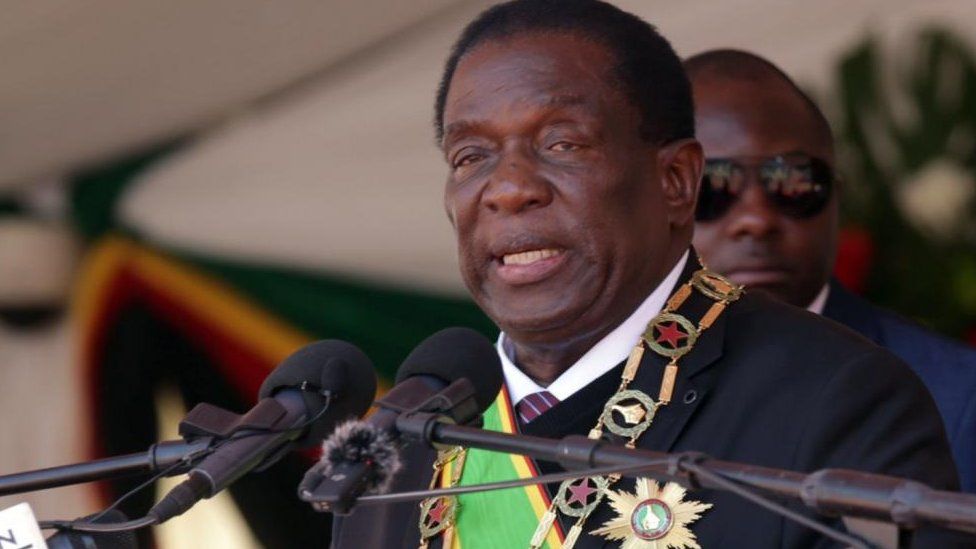 Zimbabwean President Emmerson Mnangagwa delivers a speech at Defence Forces Day celebrations at the National Sports Stadium in Harare, Zimbabwe, 15 August 2023