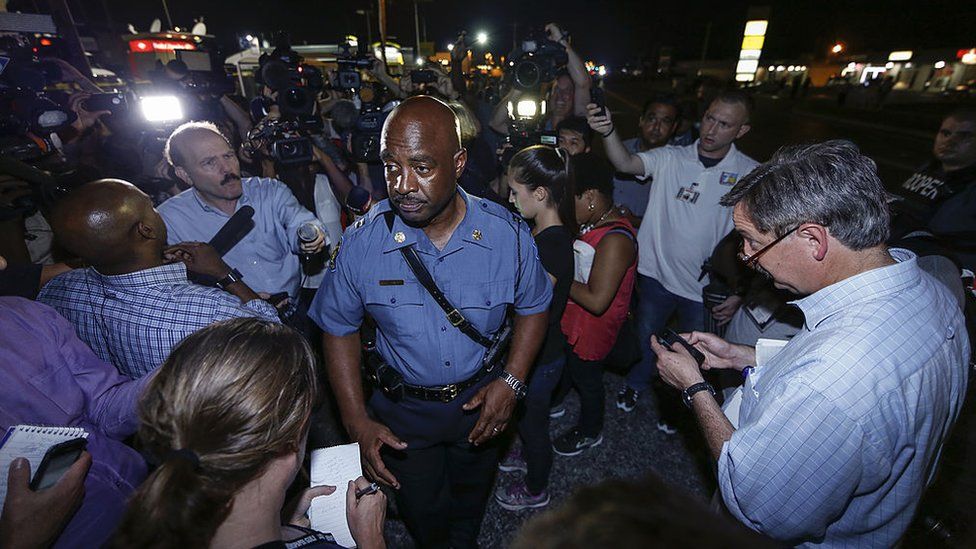 Captain Ron Johnson of the Missouri Highway Patrol speaks to media during a protest on August 18, 2014 for Michael Brown, who was killed by a police officer on August 9 in Ferguson, United States.