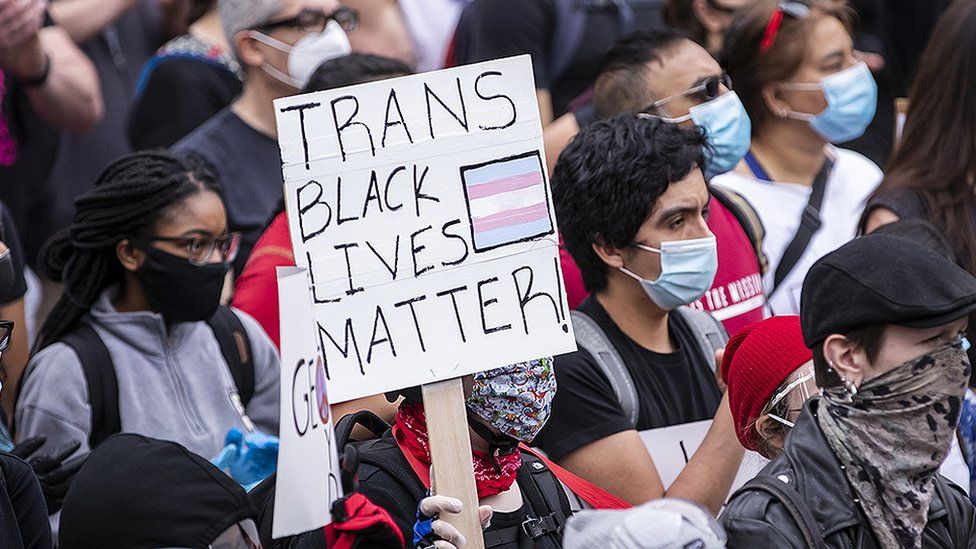 Black trans lives matter banner at George Floyd protest