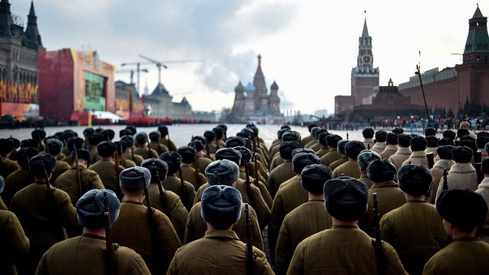 Soldiers line up for a parade on Moscow's Red Square