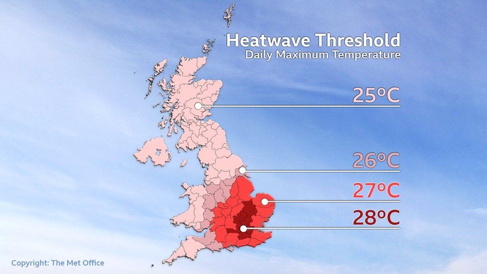 A map of the UK with heatwave thresholds marked, ranging from 25 degrees in Scotland and Northern Ireland to 28 in London and the Home Counties.