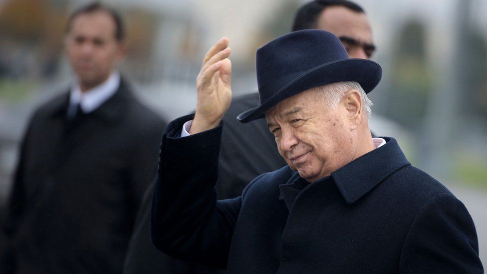 This file photo taken on November 01, 2015 shows Uzbek President Islam Karimov gesturing after greeting US Secretary of State John Kerry at Samarkand Airport