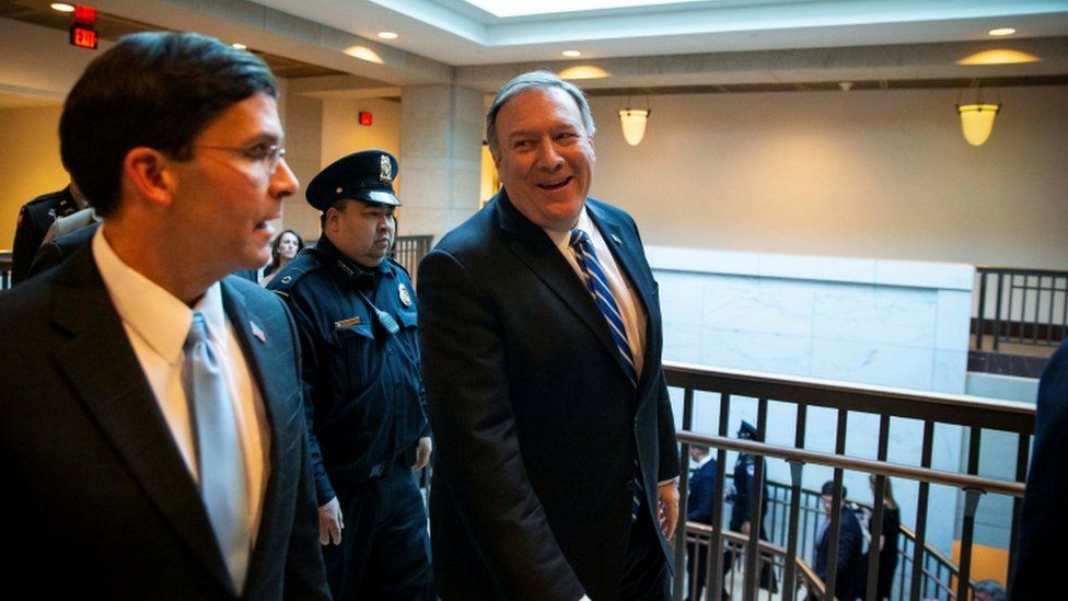 Pompeo chats with the US defence chief after Wednesday's classified Iran briefing to lawmakers