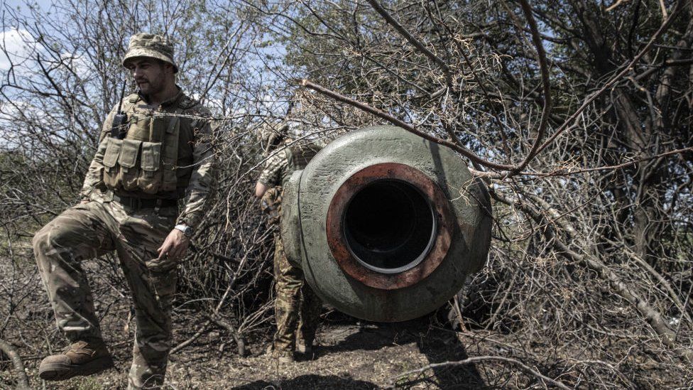 Image shows Ukraine soldier and artillery