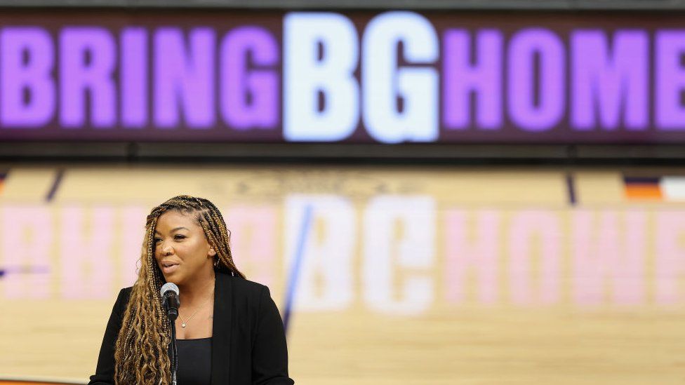 Cherelle Griner, the wife of Brittney Griner, speaks during a rally to support the release of detained American professional athlete Britney Griner