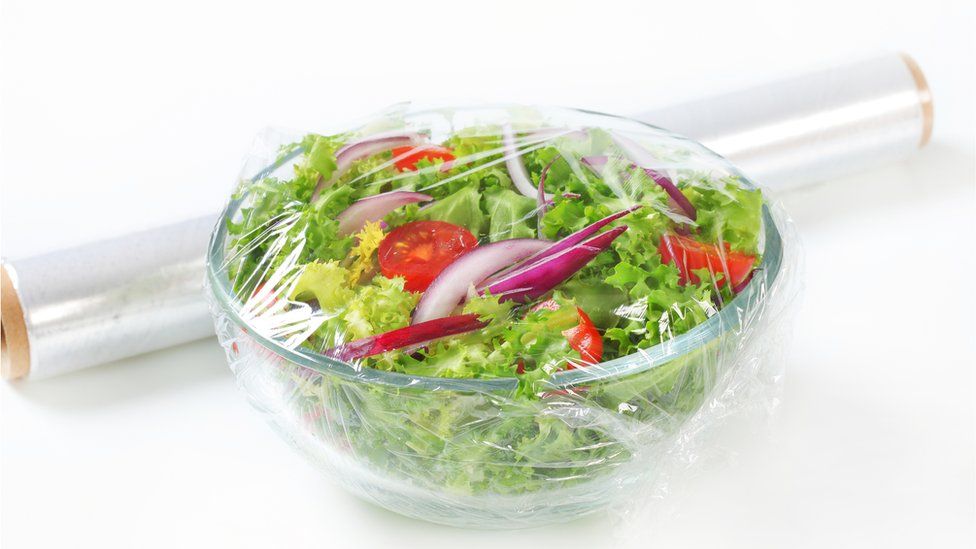 Salad covered with clingfilm
