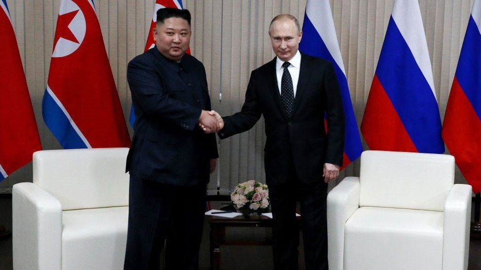 Vladimir Putin and Kim Jong-un in 2019 at a meeting in Russia.