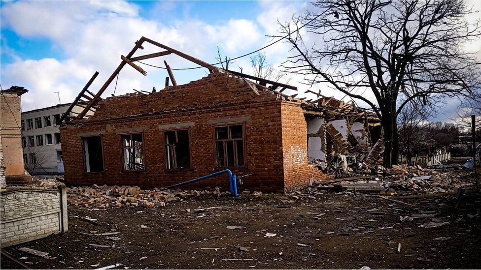 Destroyed houses in a border village in Ukraine