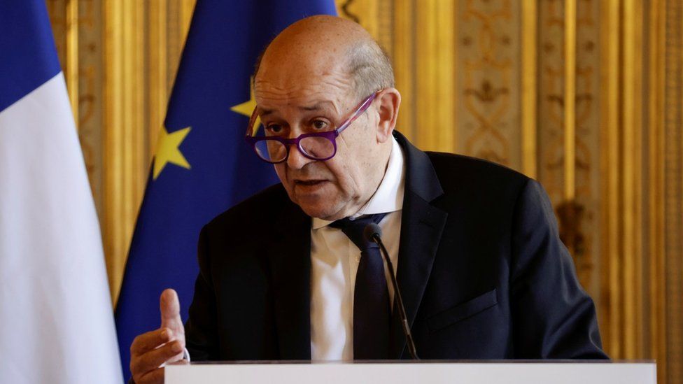 France's Minister for Foreign Affairs Jean-Yves Le Drian makes a statement