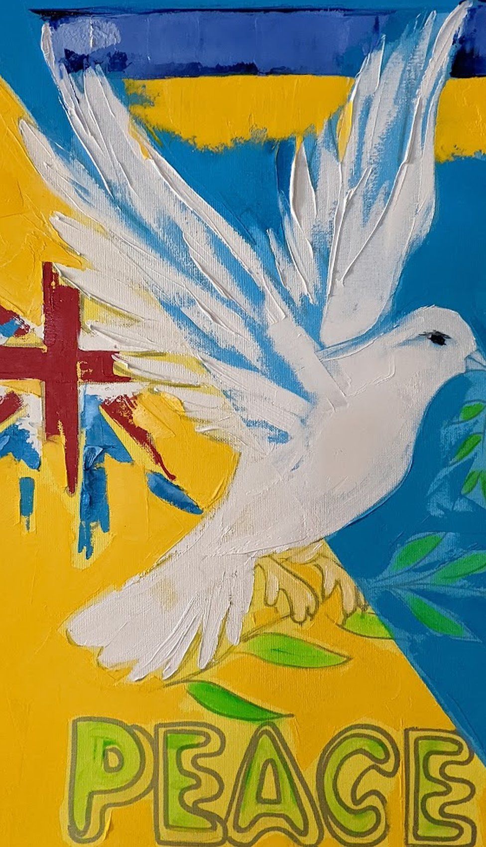 A painting of a bird with peace written on it