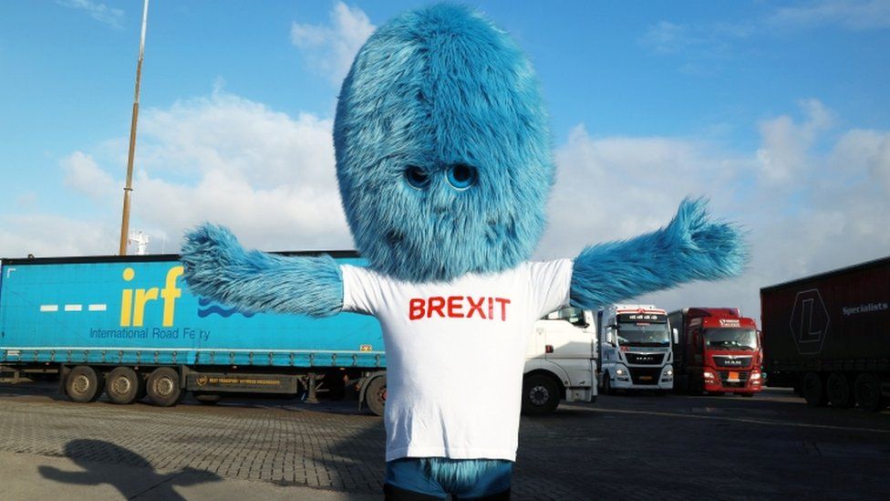 A blue furry monster known as the "Brexit Monster" makes an appearance in the port of Rotterdam, Netherlands December 1, 2020.
