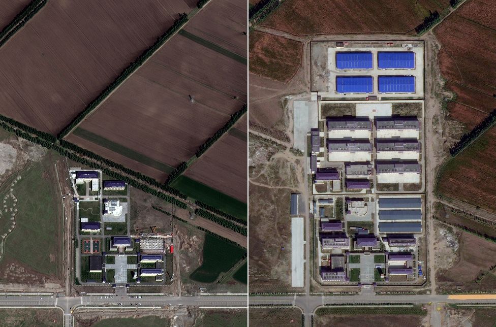 Ziawudun identified this site - listed as a school - as the location she was held. Satellite images from 2017 (left) and 2019 (right) show significant development typical of camps, with what look like dormitory and factory buildings