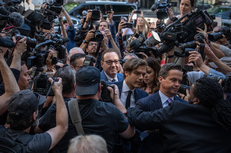 Actor Kevin Spacey (C) arrives at Westminster Magistrates Court on June 16, 2022 in London, England.
