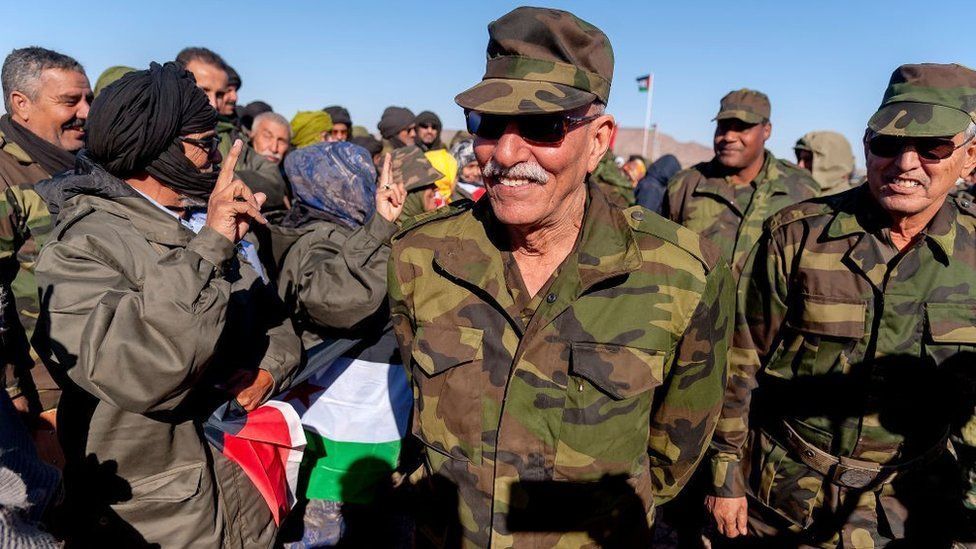 President of the Saharawi Arab Democratic Republic (SADR) Brahim Ghali during the manoeuvres of the Democratic Arab Republic of Saharawi army in the fourth military region in the north-east of Western Sahara on January 6, 2019 in Mehaires, Western Sahara