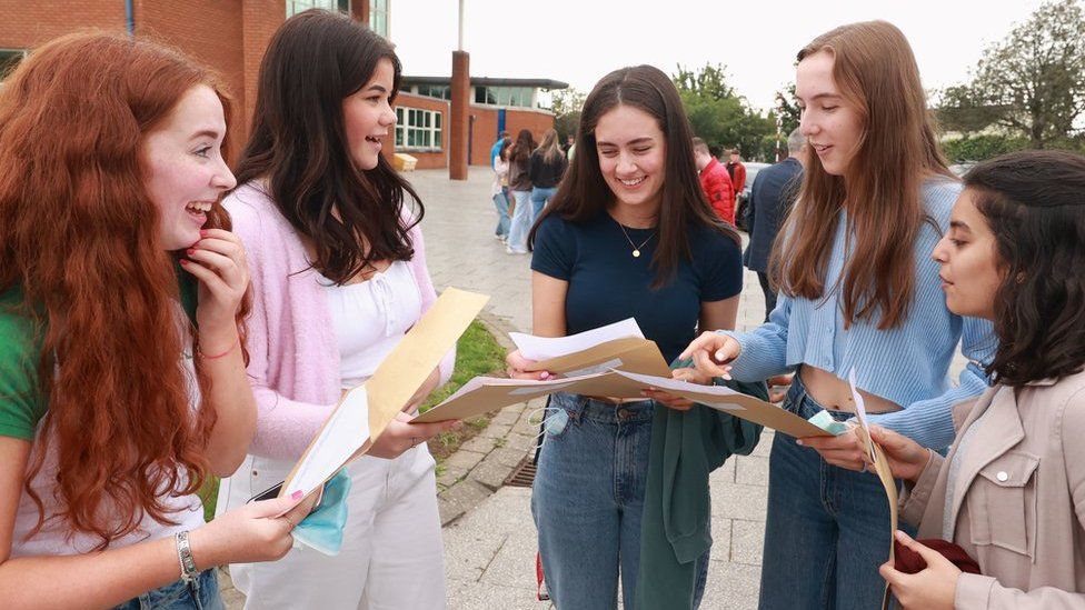 Girls at Regent House School in Newtownards discuss their A-level results