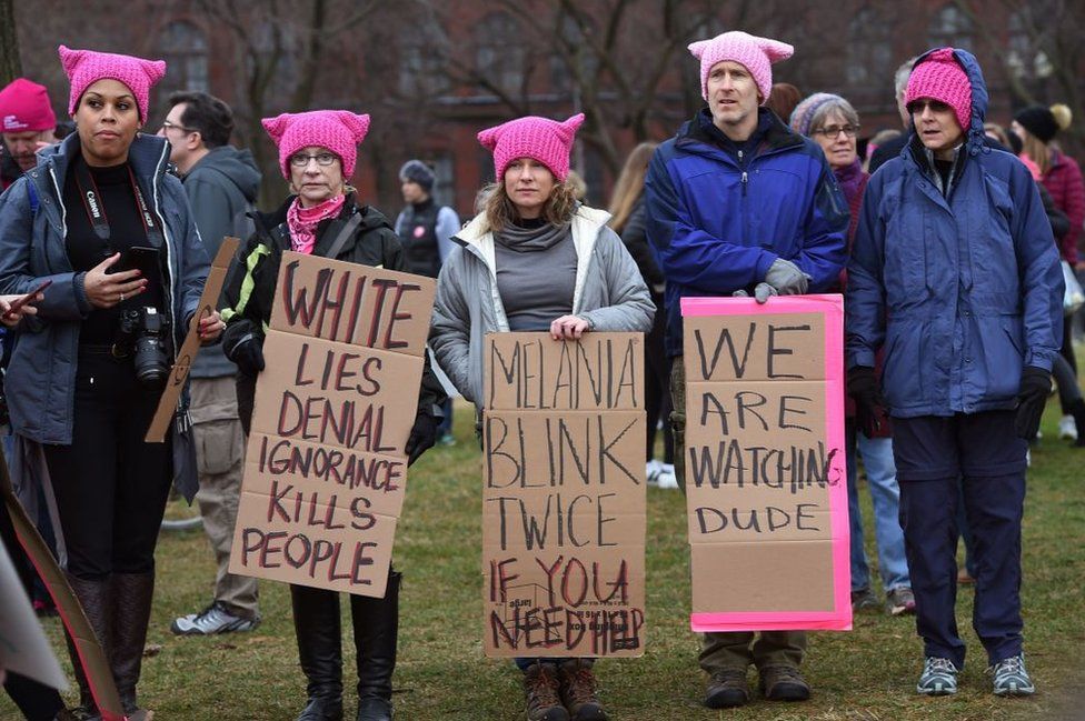 Protesters in pink "pussy hats" rallied around the world against Trump's election