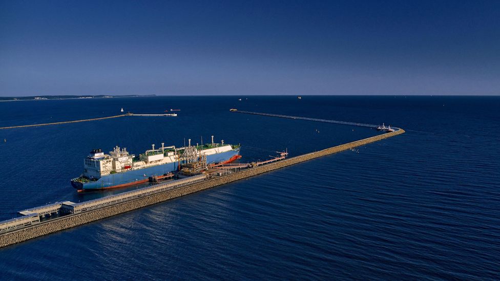 LNG transportation vessel Maran Gas Appolonia while discharging at terminal for liquified gas, connections, Swinoujscie, Poland, 15 May 2022