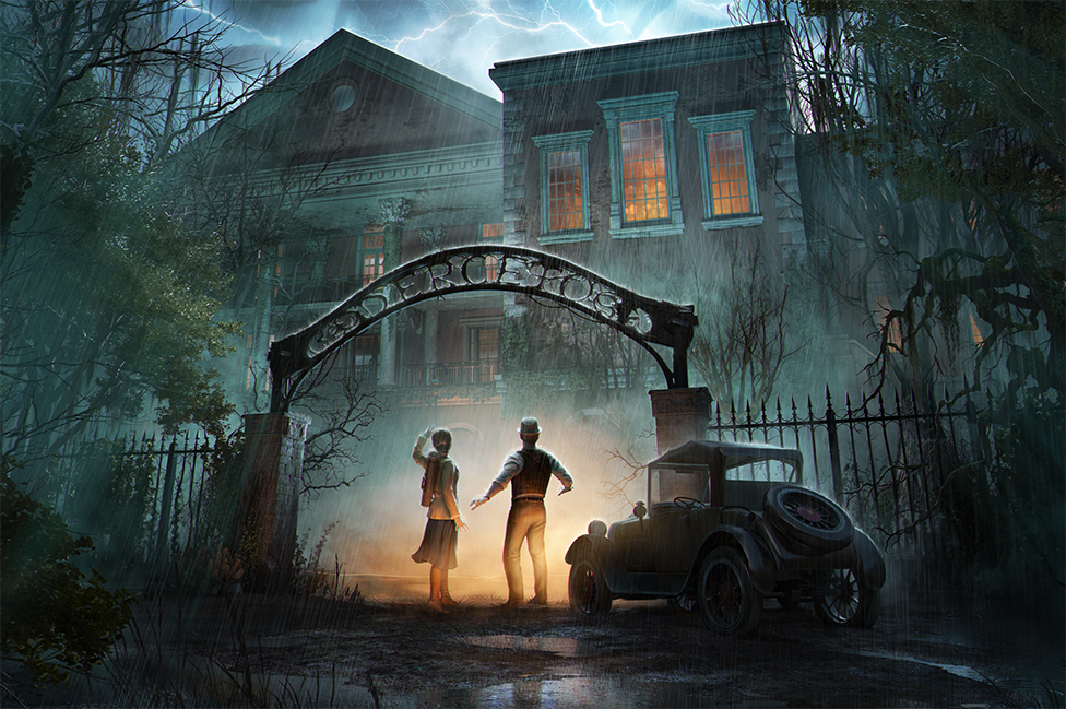 A painterly image of a man and a woman, backs to the viewer, looking up as they stand in the gateway to the grounds of a large mansion-style house. A lightning storm rages above the building, bathing it in an eerie light which is accentuated by an orange glow coming from the home's tall windows. Above the man and women a wrought-iron arch/sign spells out the word "DERCETO [pronounced Der-setto]" in large block capitals, and to the side a spiked iron fence marks the perimeter. Vines or moss grow on the metal, suggesting decay or neglect.