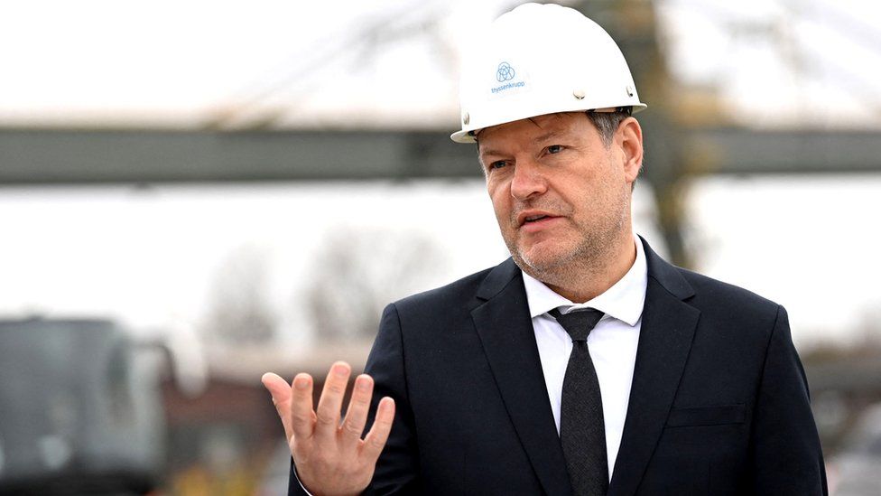 German Minister of Economics and Climate Protection Robert Habeck speaks during a visit of the Thyssenkrupp Steel
