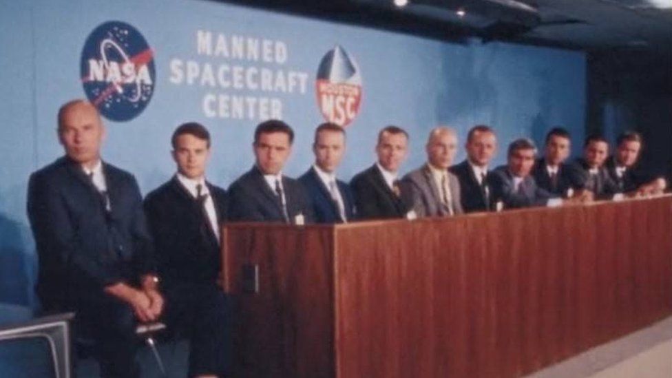 NASA Astronaut Training Group 6 meeting the press for the first time, with Anthony Llewellyn fourth from right