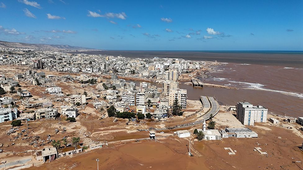 Aerial view of Derna and destruction caused by floodwaters after dams burst