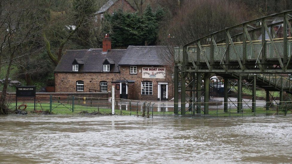 Floods near The Boat Inn in Jackfield near Ironbridge