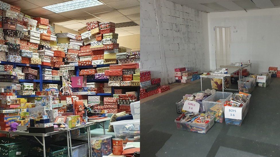 Two photos side by side showing a decline in number of Christmas gifts donations year on year
