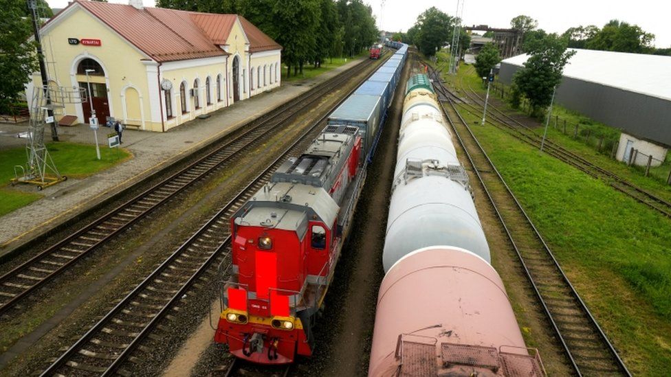 A freight train from Russian enclave Kaliningrad arrives at the border railway station in Kybartai, Lithuania June 21, 2022