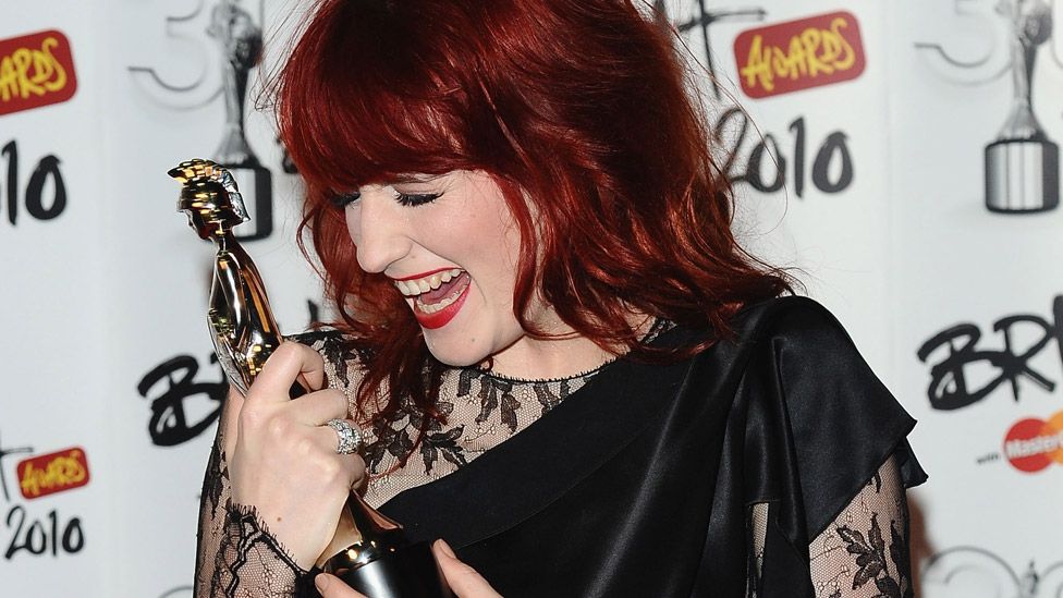 Florence Welch of Florence and the Machine poses in the Awards room with the award for 'British Album' at The Brit Awards 2010 at Earls Court on February 16, 2010