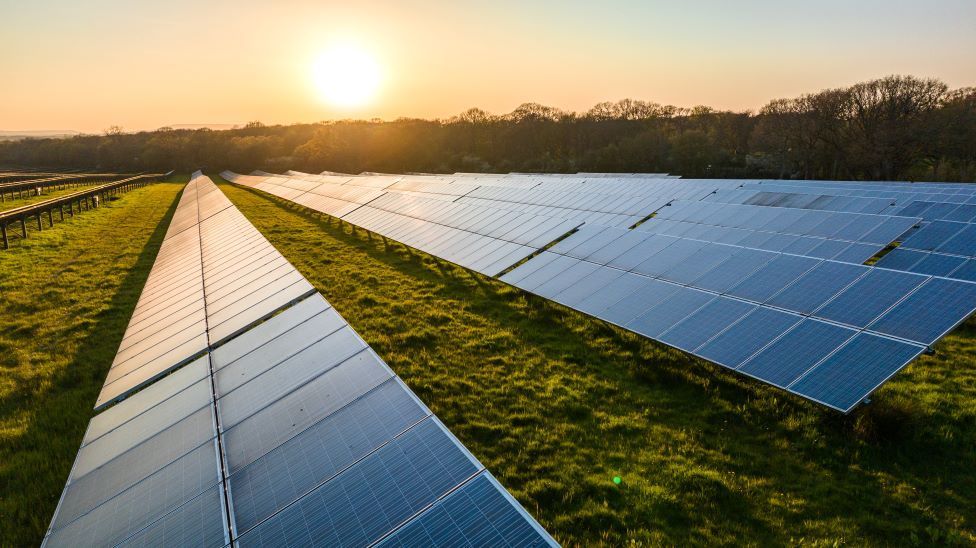 A solar farm showing solar panels in a field 