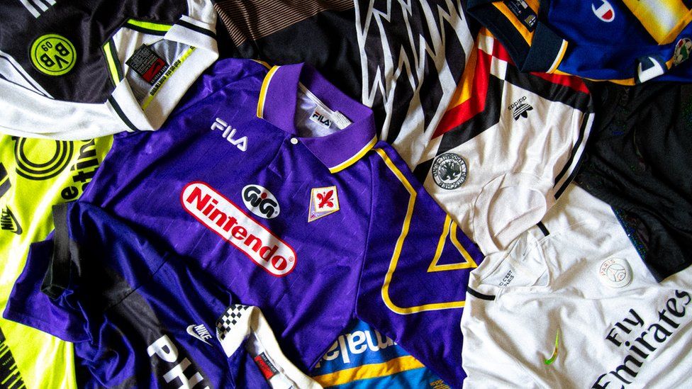 A number of football shirts including Fiorentina, West Germany and Borussia Dortmund
